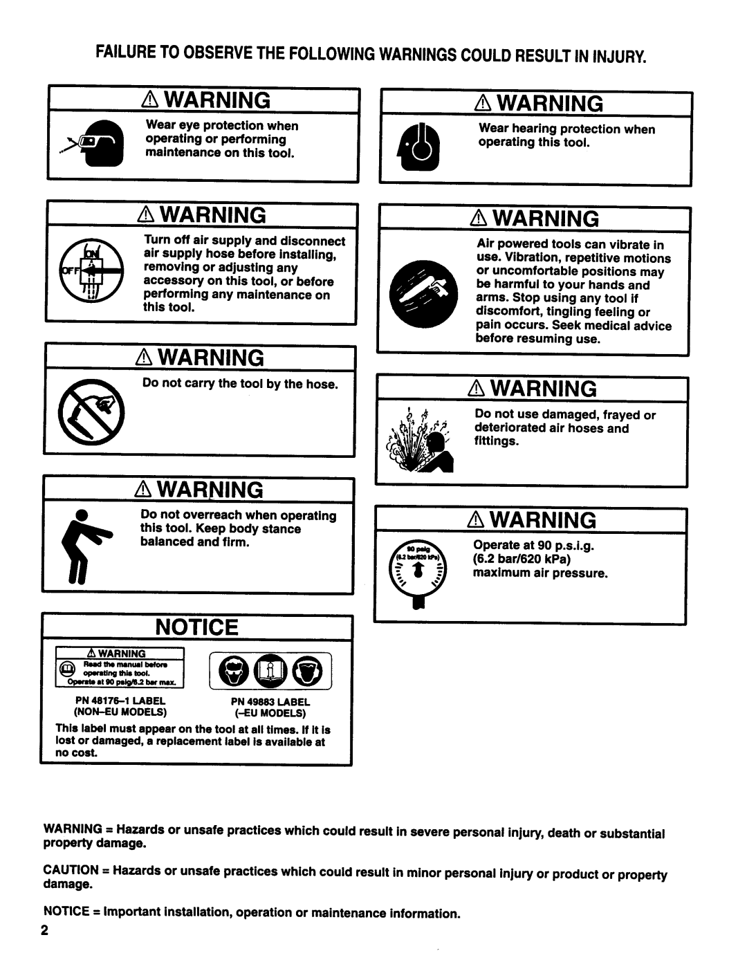 Ingersoll-Rand 7872-F, 7870-F-( ), 7871-F-( ), 7873-F manual Failureto Observethe Followingwarningscould Resultin Injury 