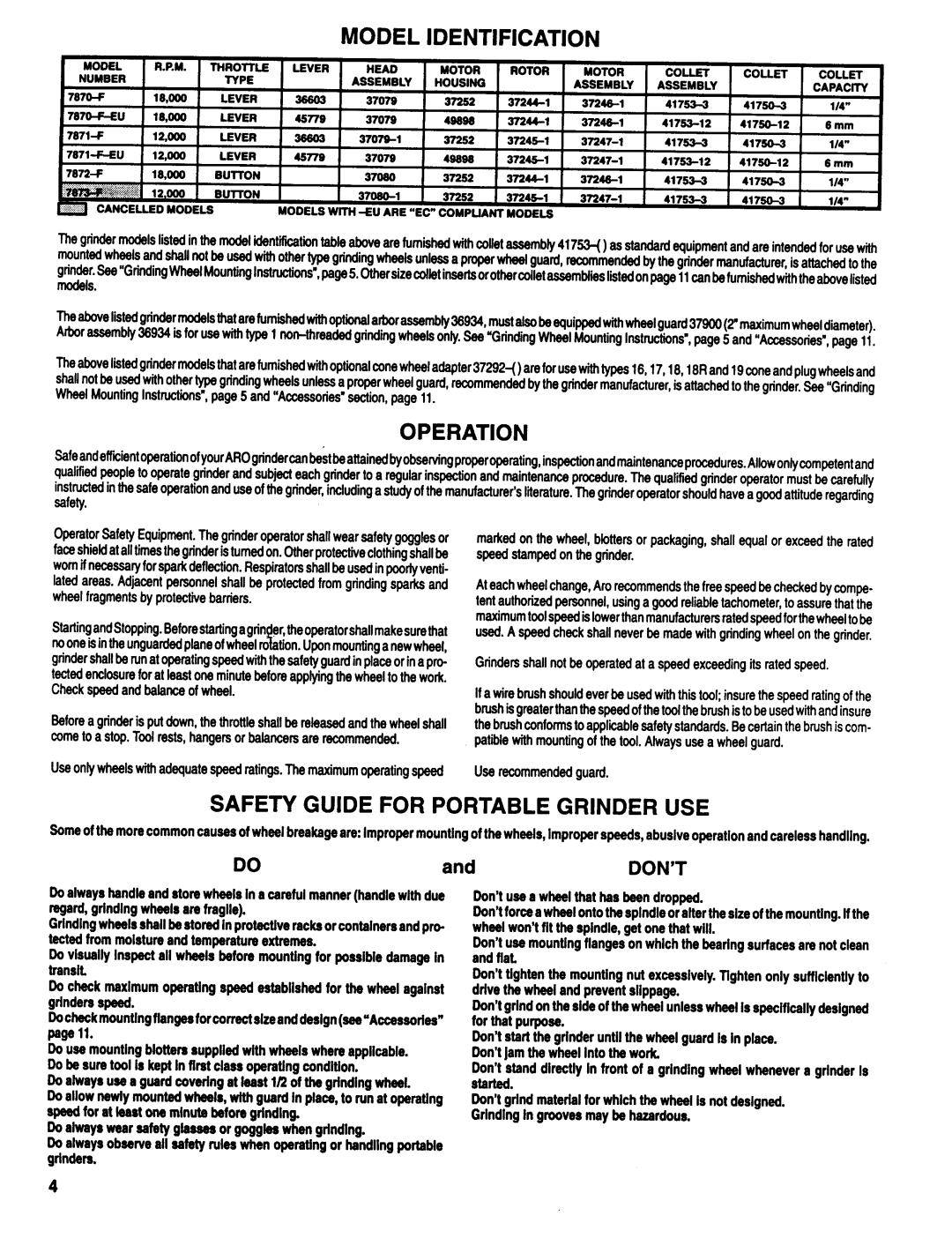 Ingersoll-Rand 7870-F-( ), 7871-F-( ), 7872-F Model Identification, Operation, Safety Guide for Portable Grinder USE, Don’T 