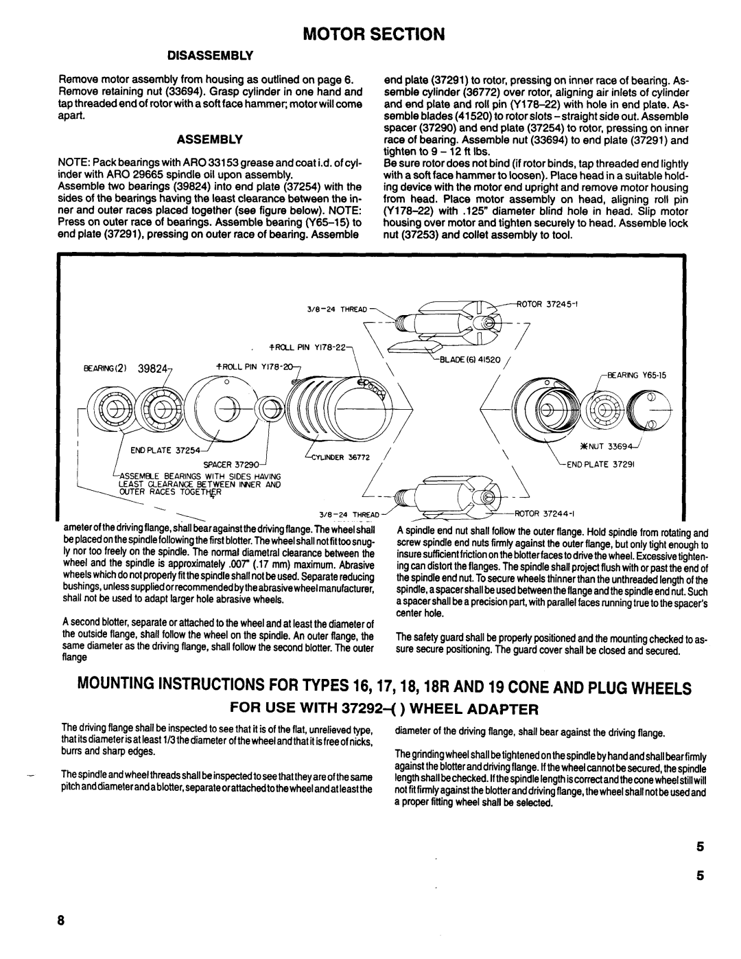 Ingersoll-Rand 7870-F-( ), 7871-F-( ), 7872-F, 7873-F manual Motor Section, Disassembly, Assembly 