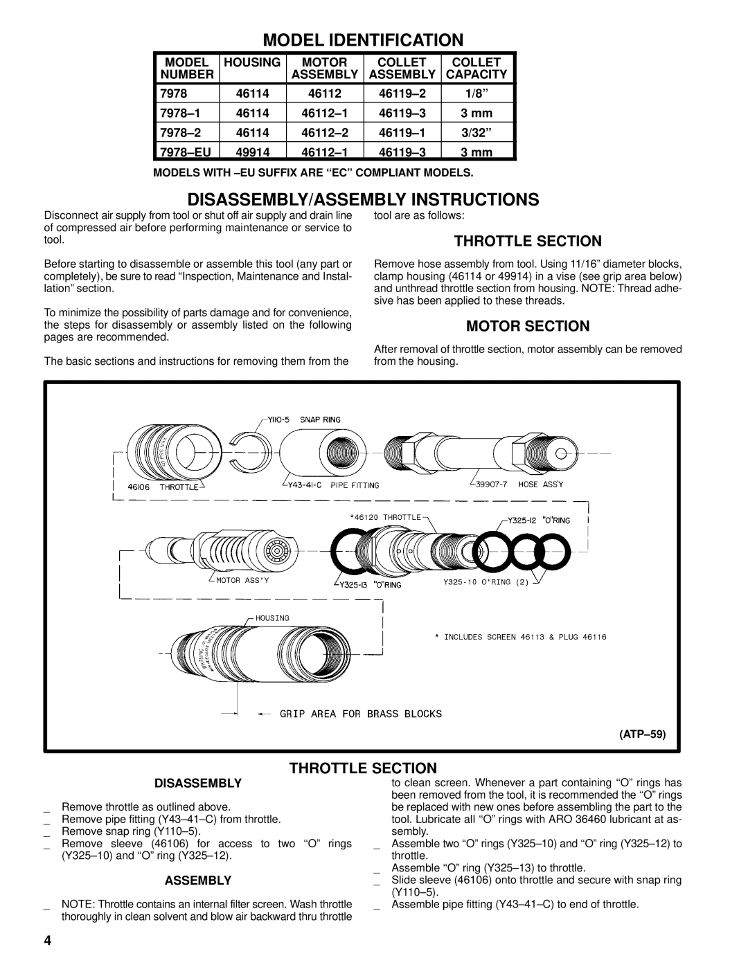 Ingersoll-Rand 7978-() manual Model Identification, DISASSEMBLY/ASSEMBLY Instructions, Throttle Section, Motor Section 