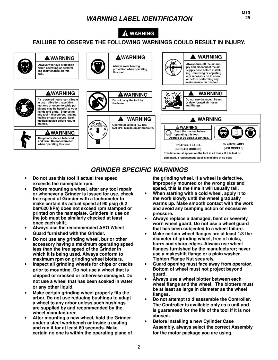 Ingersoll-Rand 7980 manual Grinder Specific Warnings 