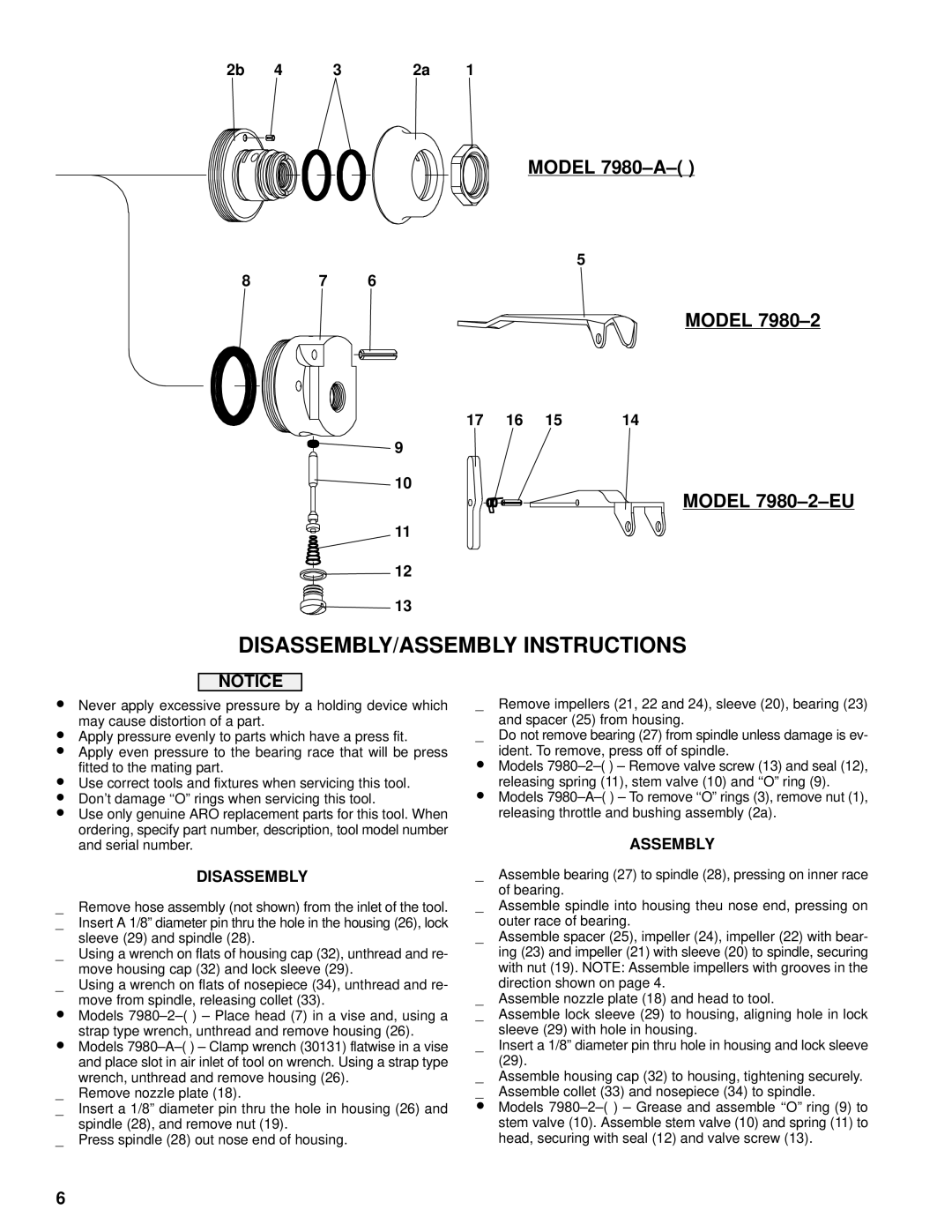 Ingersoll-Rand 7980 manual Disassembly, Assembly 