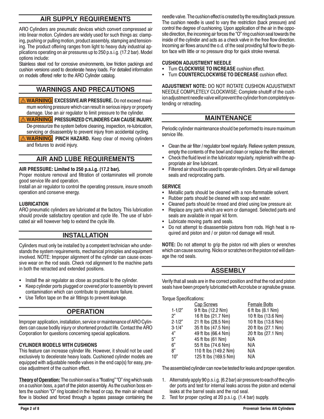 Ingersoll-Rand 5, 8 and 10 BORES, 6, 3-1/4 and 4 BORES, 1/1/2002, 2-1/2 manual AIR Supply Requirements Maintenance 