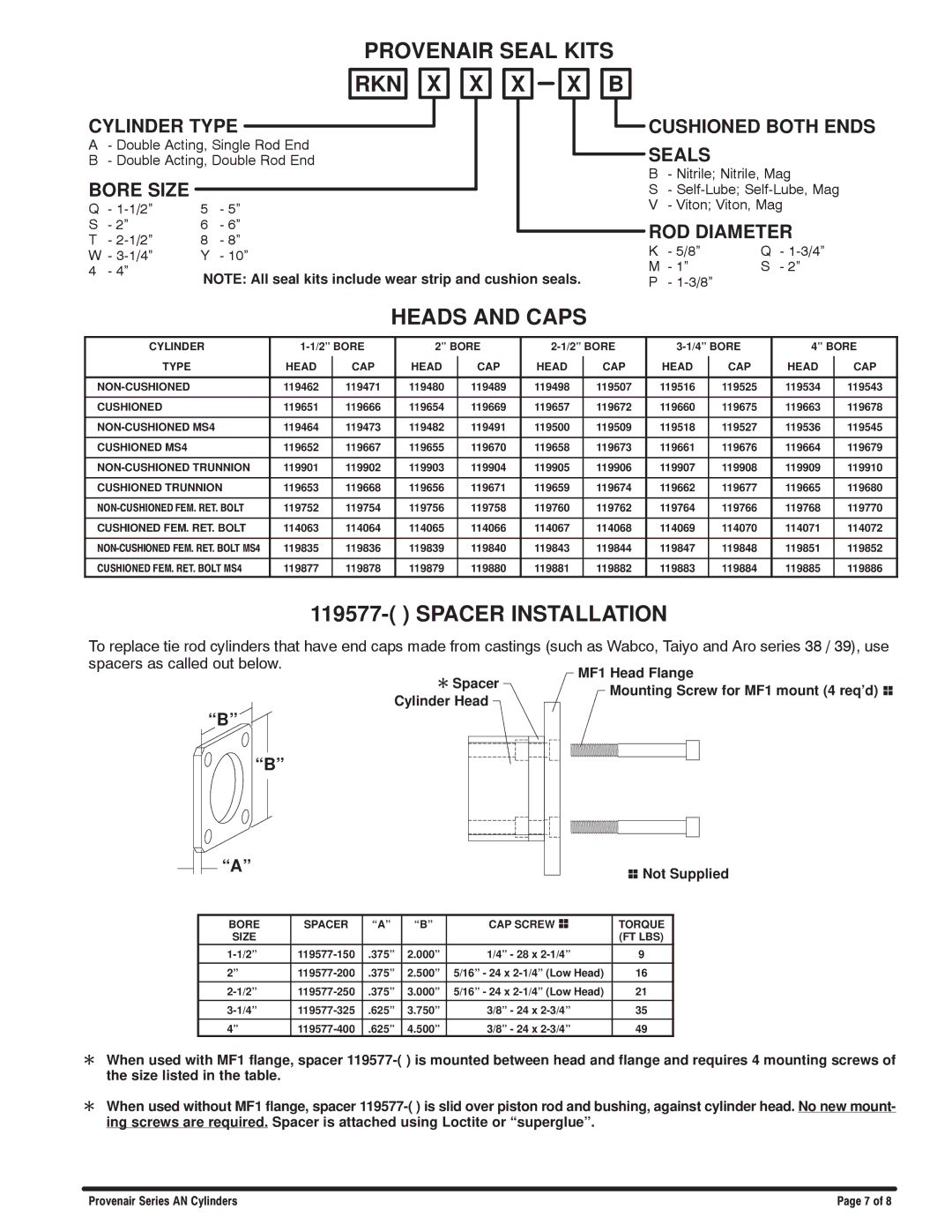 Ingersoll-Rand 8 and 10 BORES, 6, 5, 1/1/2002 Provenair Seal Kits, Rkn X X X X B, Heads and Caps, Spacer Installation 