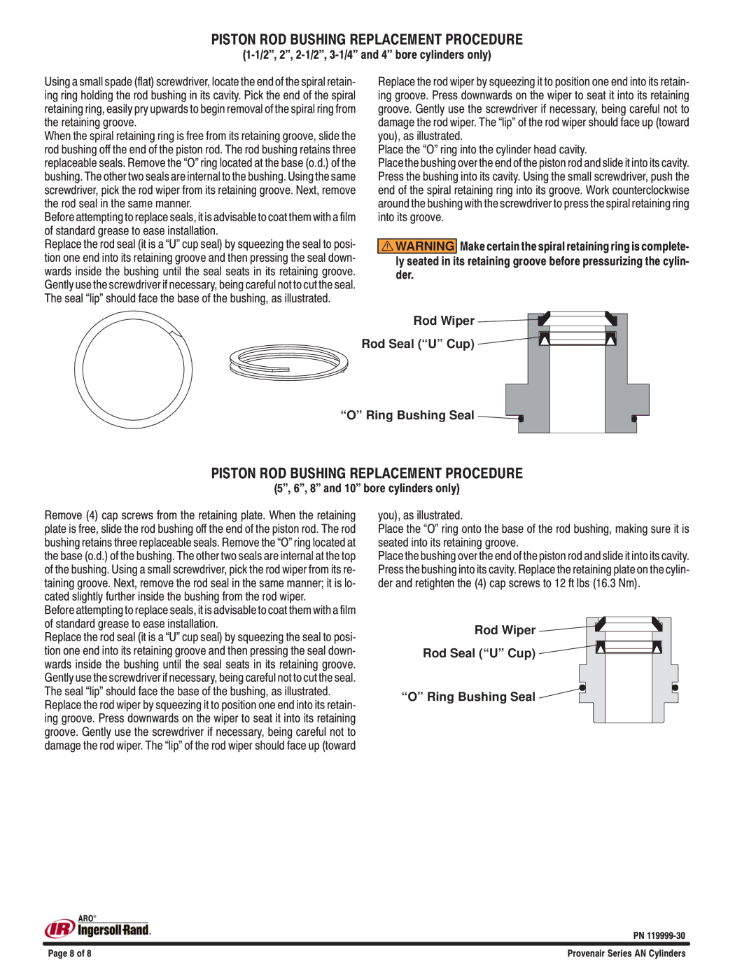 Ingersoll-Rand 6, 8 and 10 BORES, 5, 3-1/4 and 4 BORES, 1/1/2002, 2-1/2 manual Rod Wiper Rod Seal U Cup Ring Bushing Seal 