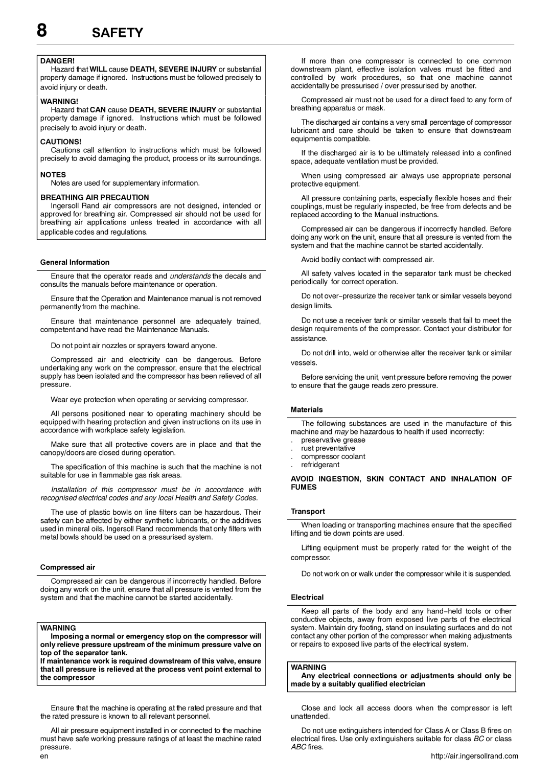 Ingersoll-Rand 80445364 manual Safety, Breathing AIR Precaution, Avoid INGESTION, Skin Contact and Inhalation of Fumes 