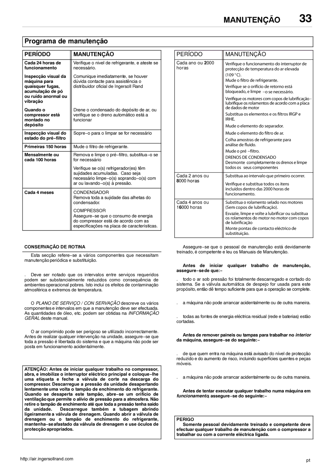 Ingersoll-Rand 80445364 manual Período Manutenção, Conservação DE Rotina 