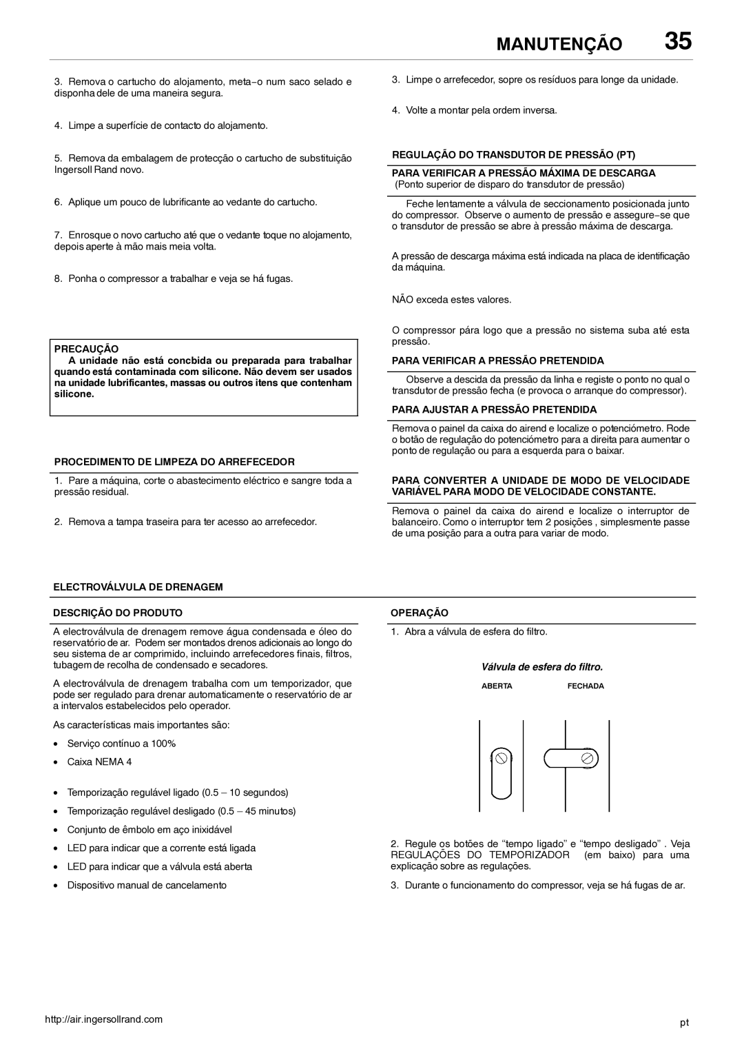 Ingersoll-Rand 80445364 manual Regulação do Transdutor DE Pressão PT, Procedimento DE Limpeza do Arrefecedor, Operação 