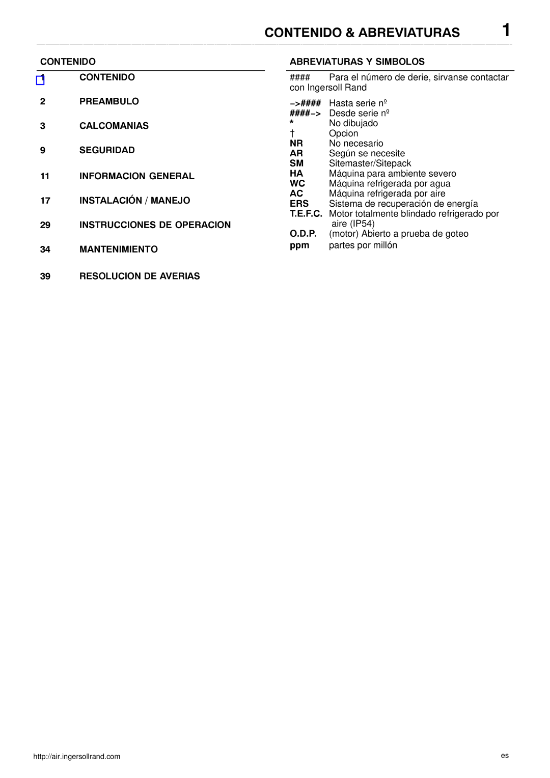 Ingersoll-Rand 80445364 manual Contenido & Abreviaturas 