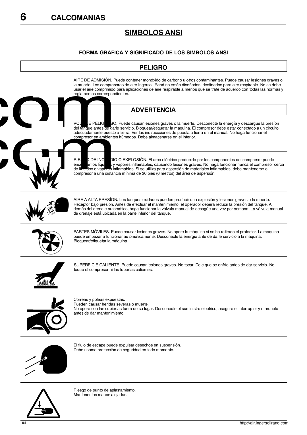 Ingersoll-Rand 80445364 manual Calcomanias Simbolos Ansi, Forma Grafica Y Significado DE LOS Simbolos Ansi 