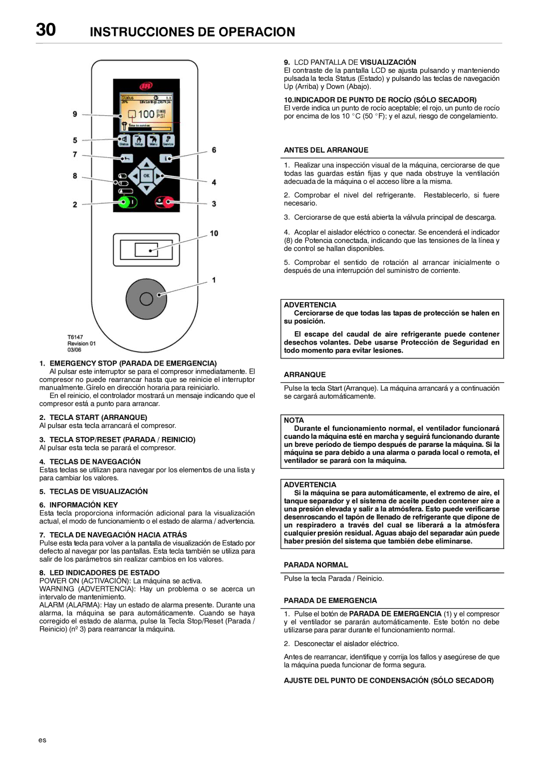 Ingersoll-Rand 80445364 Emergency Stop Parada DE Emergencia, Tecla Start Arranque, Teclas DE Navegación, Parada Normal 