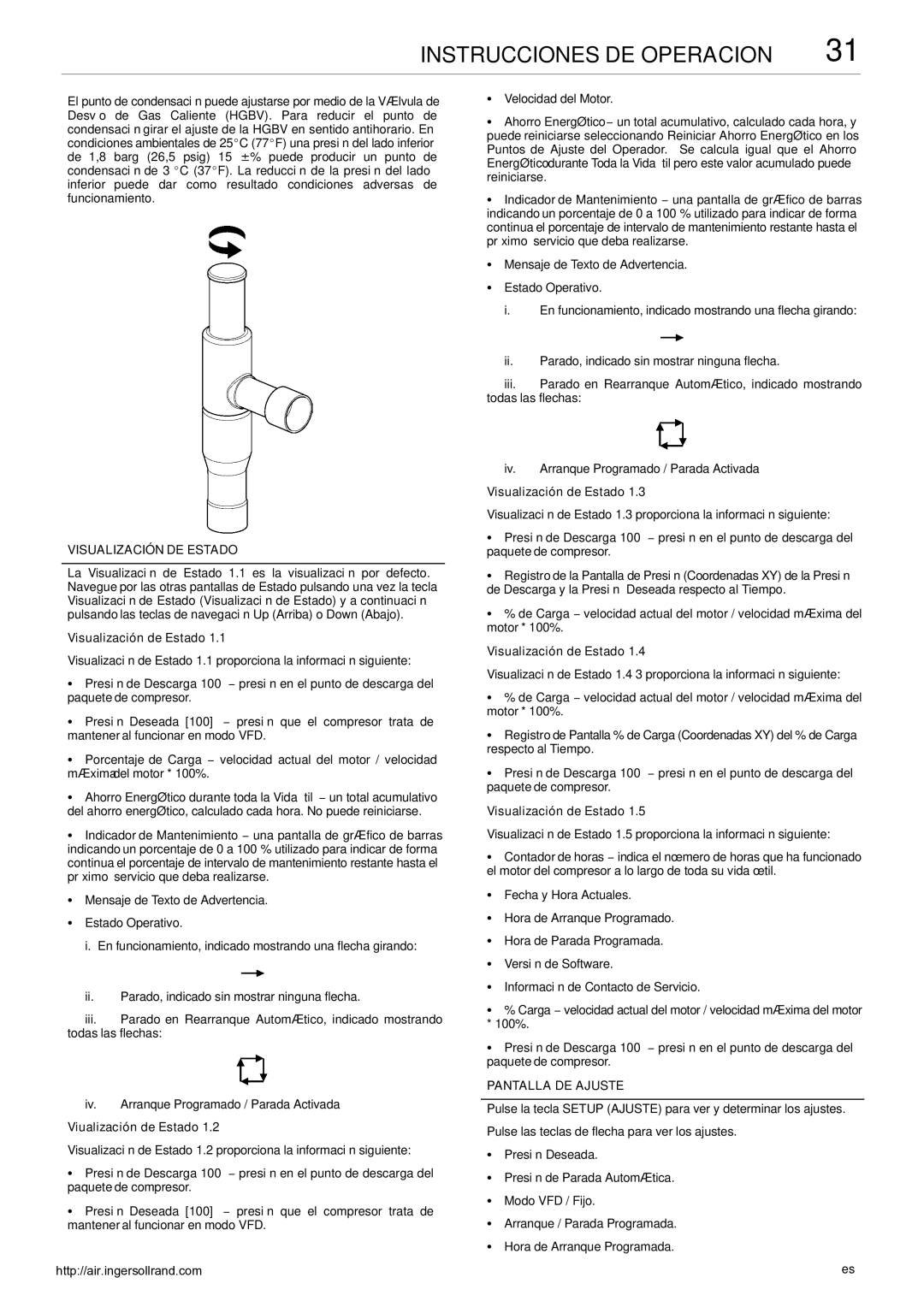 Ingersoll-Rand 80445364 manual Visualización DE Estado, Visualización de Estado, Viualización de Estado, Pantalla DE Ajuste 