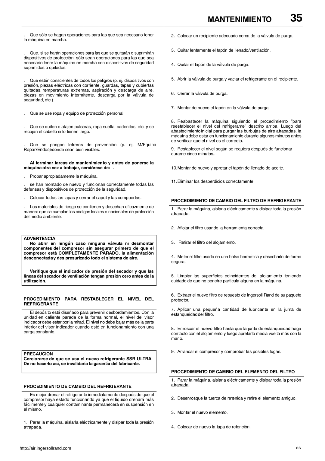 Ingersoll-Rand 80445364 Procedimiento Para Restablecer EL Nivel DEL Refrigerante, Procedimiento DE Cambio DEL Refrigerante 