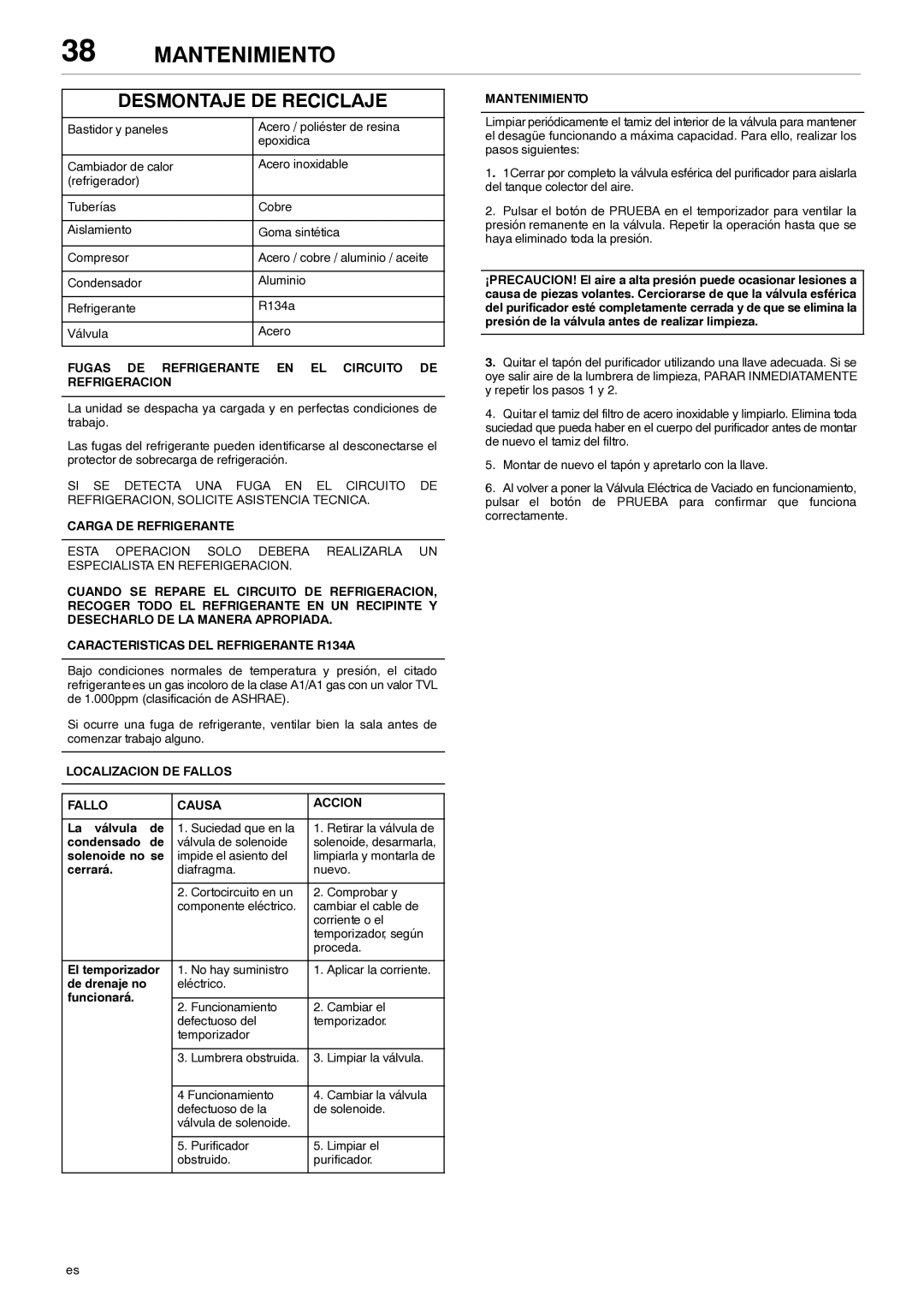 Ingersoll-Rand 80445364 manual Fugas DE Refrigerante EN EL Circuito DE Refrigeracion, Carga DE Refrigerante, Mantenimiento 