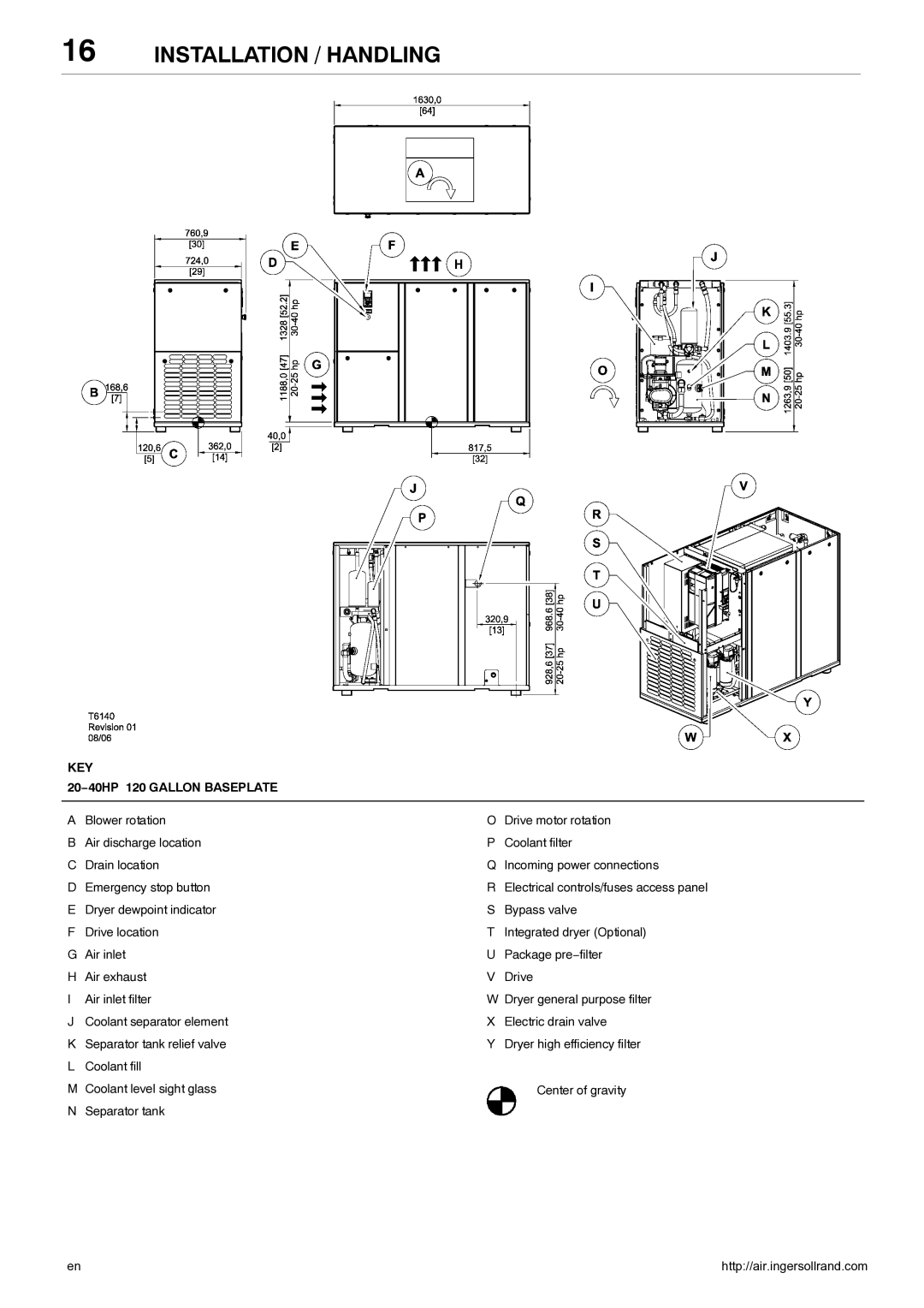 Ingersoll-Rand 80445364 manual Installation / Handling, KEY 20−40HP 120 Gallon Baseplate 