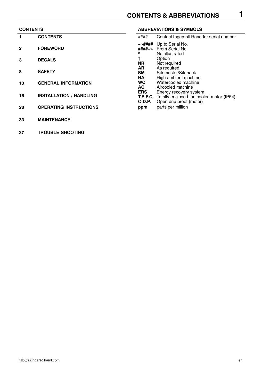 Ingersoll-Rand 80445364 manual Contents & Abbreviations 