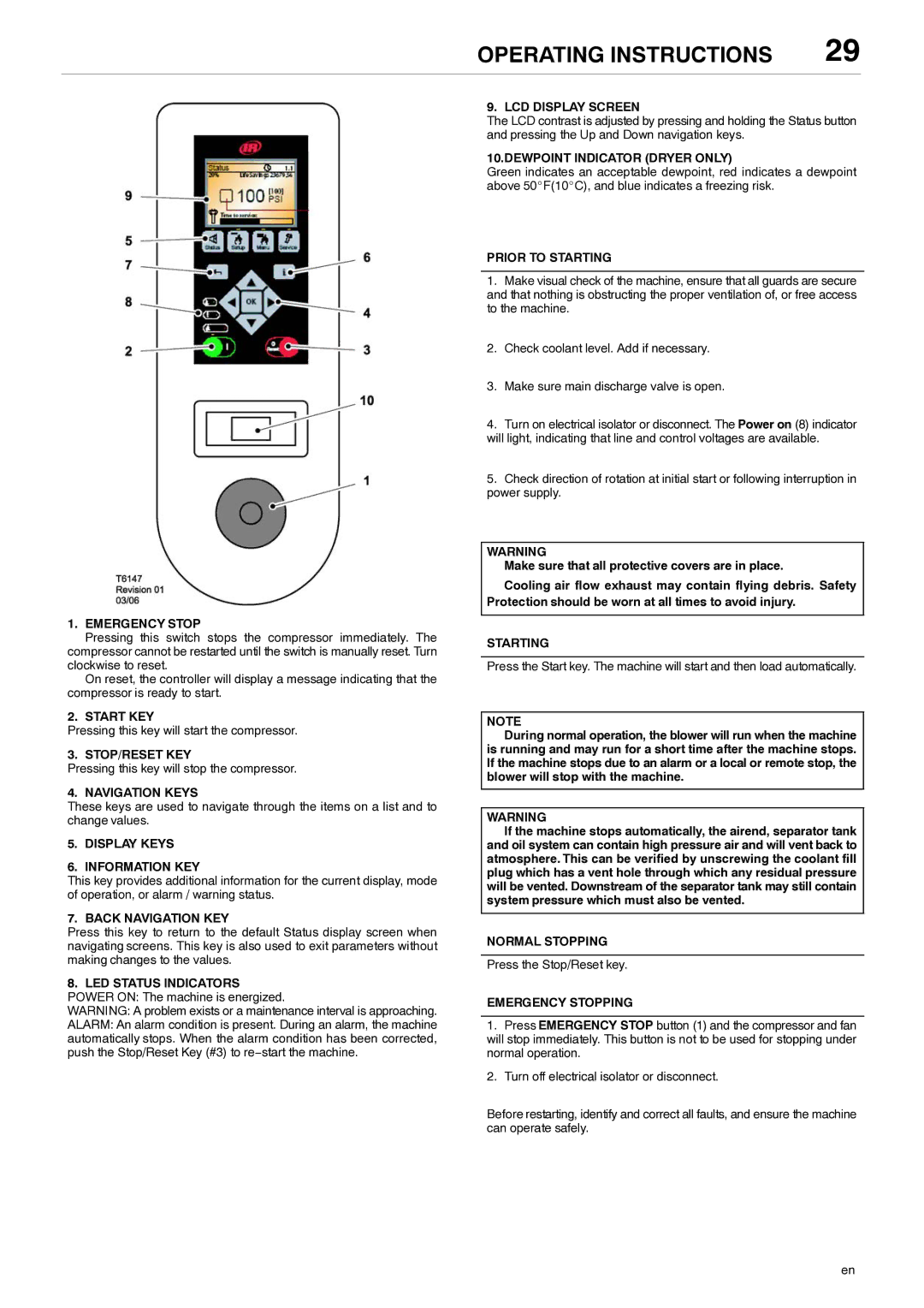 Ingersoll-Rand 80445364 Emergency Stop, Start KEY, Stop/Reset Key, Navigation Keys, Display Keys Information KEY, Starting 