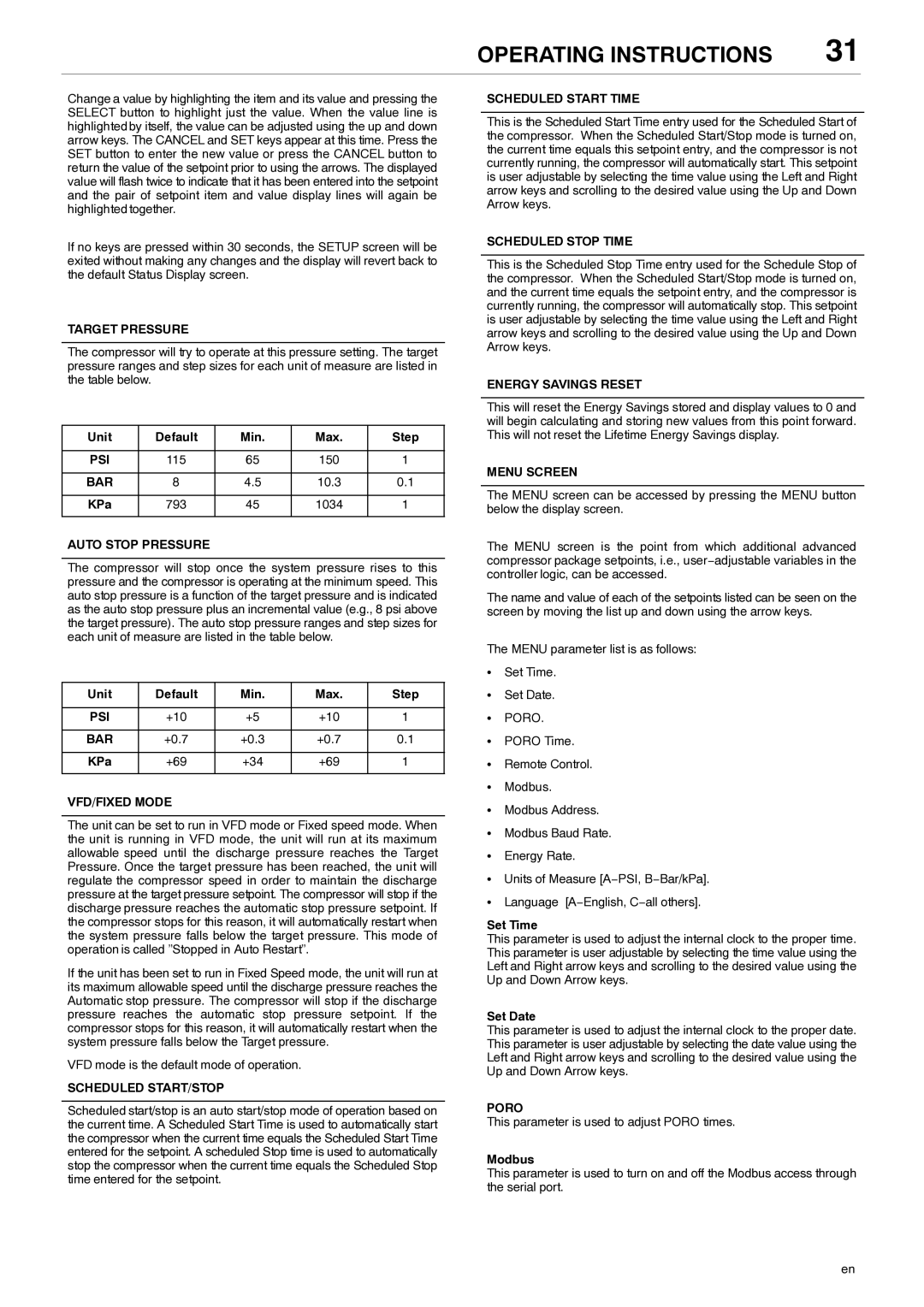 Ingersoll-Rand 80445364 Target Pressure, Psi, Bar, Auto Stop Pressure, VFD/FIXED Mode, Scheduled START/STOP, Menu Screen 