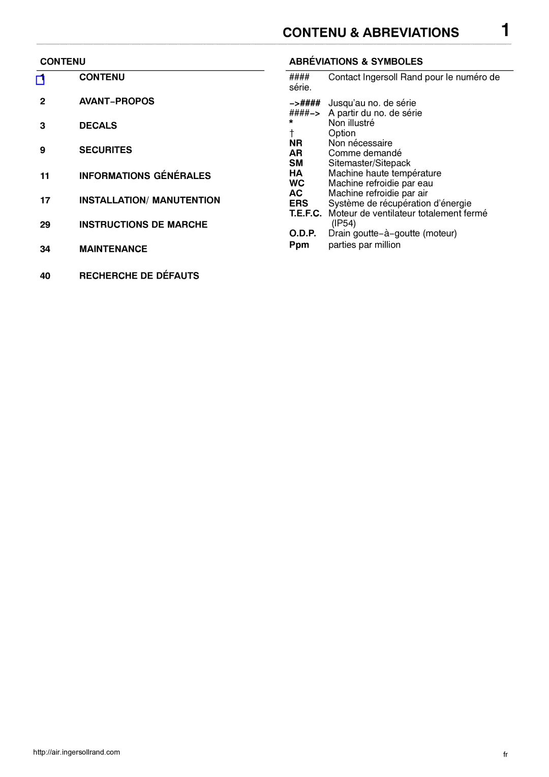 Ingersoll-Rand 80445364 manual Contenu & Abreviations 