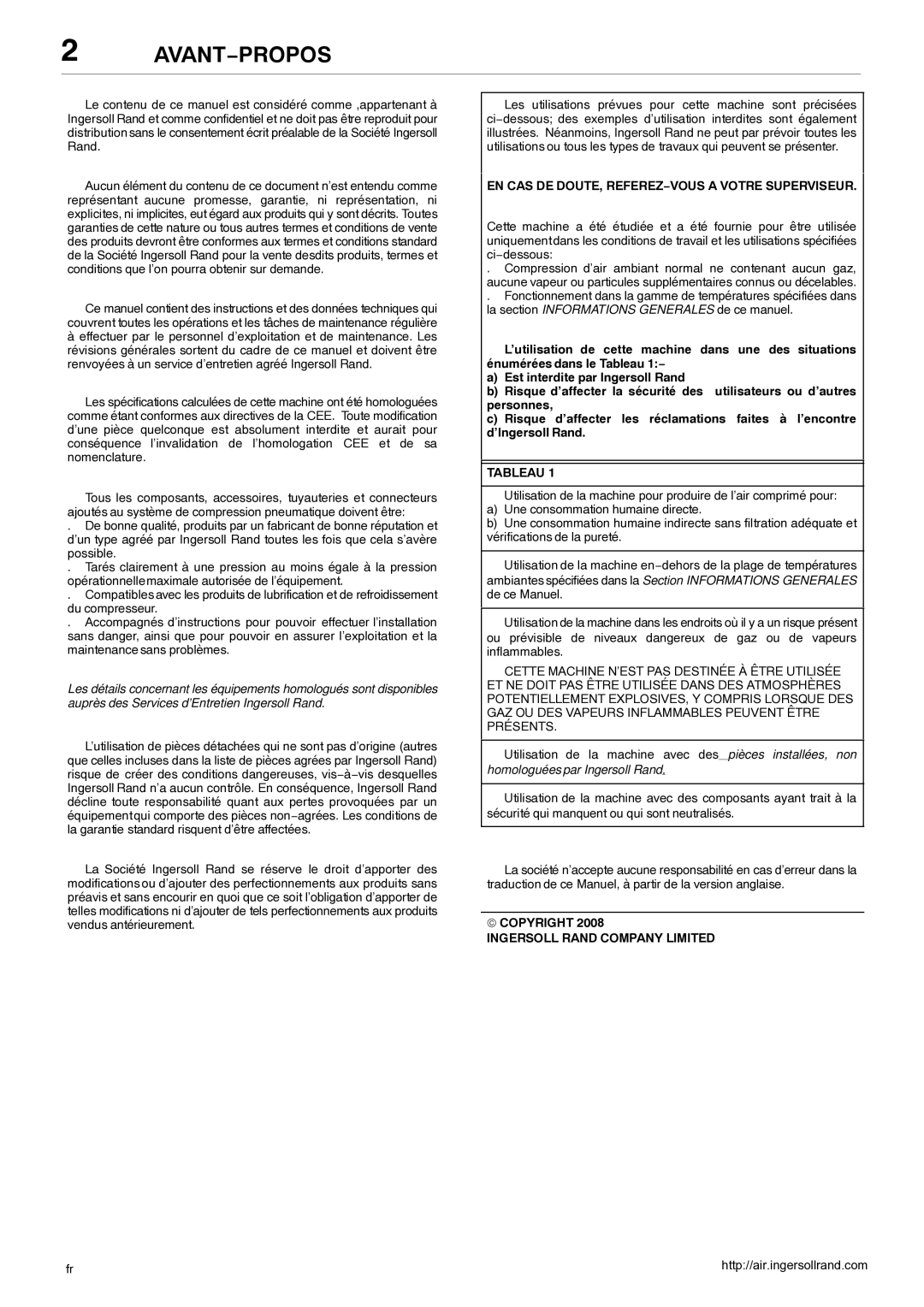 Ingersoll-Rand 80445364 manual Avant−Propos, EN CAS DE DOUTE, REFEREZ−VOUS a Votre Superviseur, Tableau 