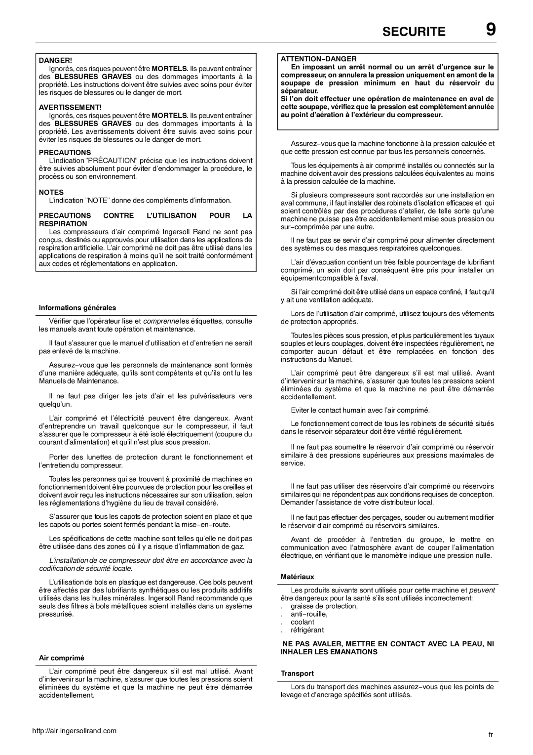 Ingersoll-Rand 80445364 manual Securite, Avertissement, Precautions Contre L’UTILISATION Pour LA Respiration 