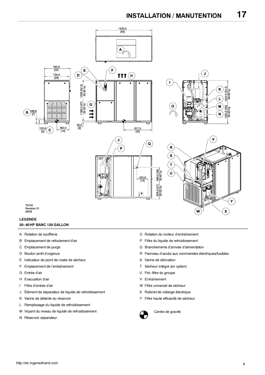 Ingersoll-Rand 80445364 manual Installation / Manutention, 20−40 HP Banc 120 Gallon 