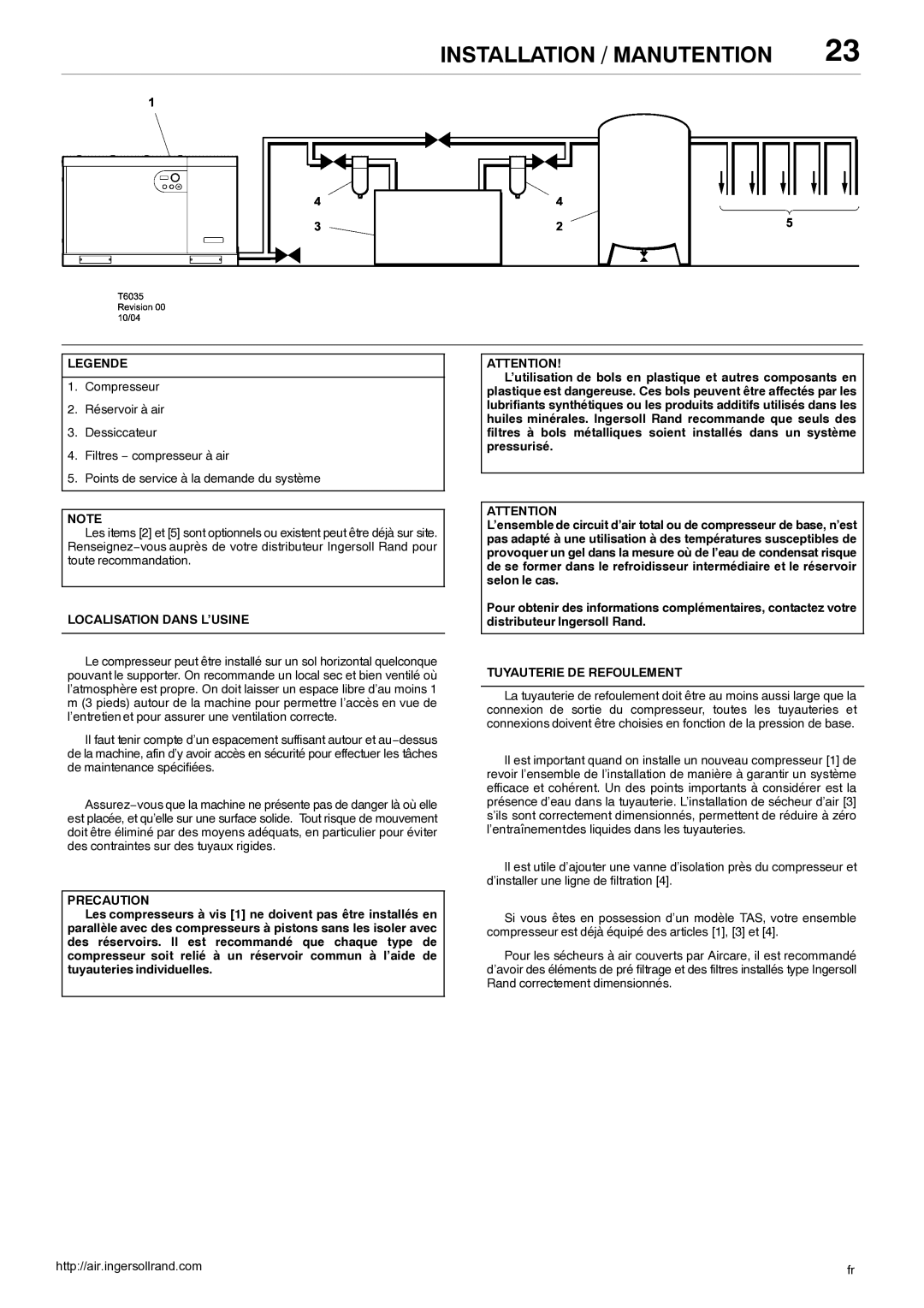 Ingersoll-Rand 80445364 manual Localisation Dans L’USINE, Precaution, Tuyauterie DE Refoulement 