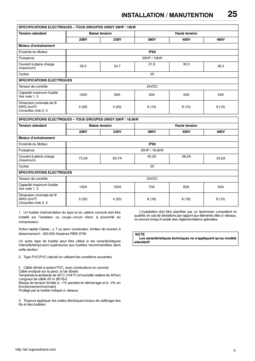 Ingersoll-Rand 80445364 manual Moteur d’entraînement, Specifications Electriques 