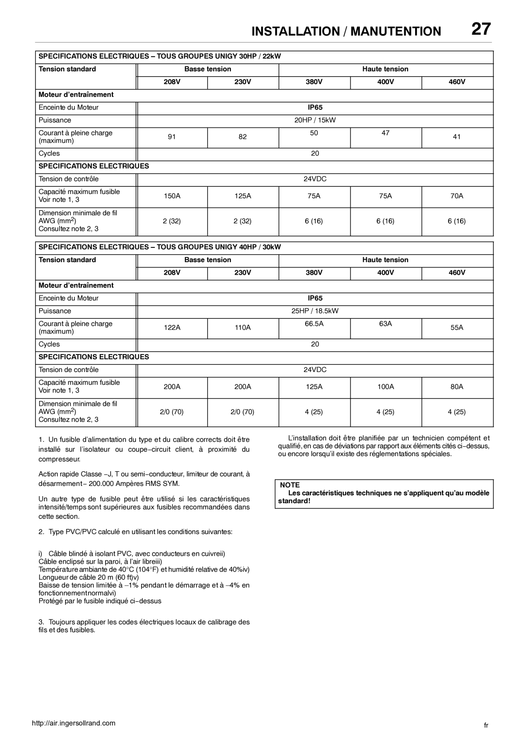 Ingersoll-Rand 80445364 manual Puissance 20HP / 15kW Courant à pleine charge Maximum Cycles 