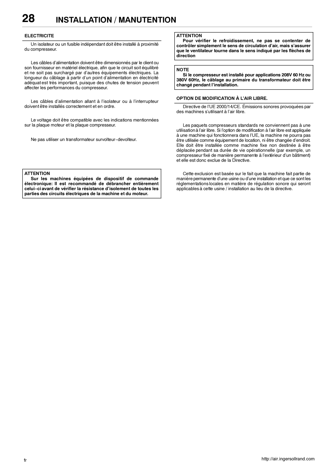 Ingersoll-Rand 80445364 manual Electricite, Option DE Modification À L’AIR Libre 