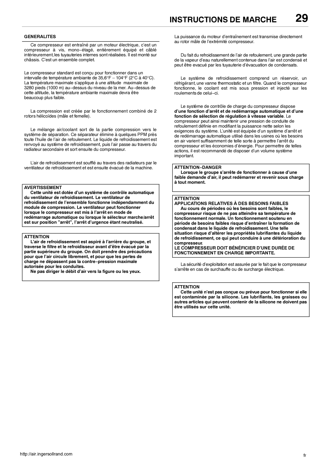 Ingersoll-Rand 80445364 Instructions DE Marche, Generalites, Ne pas diriger le débit d’air vers la figure ou les yeux 