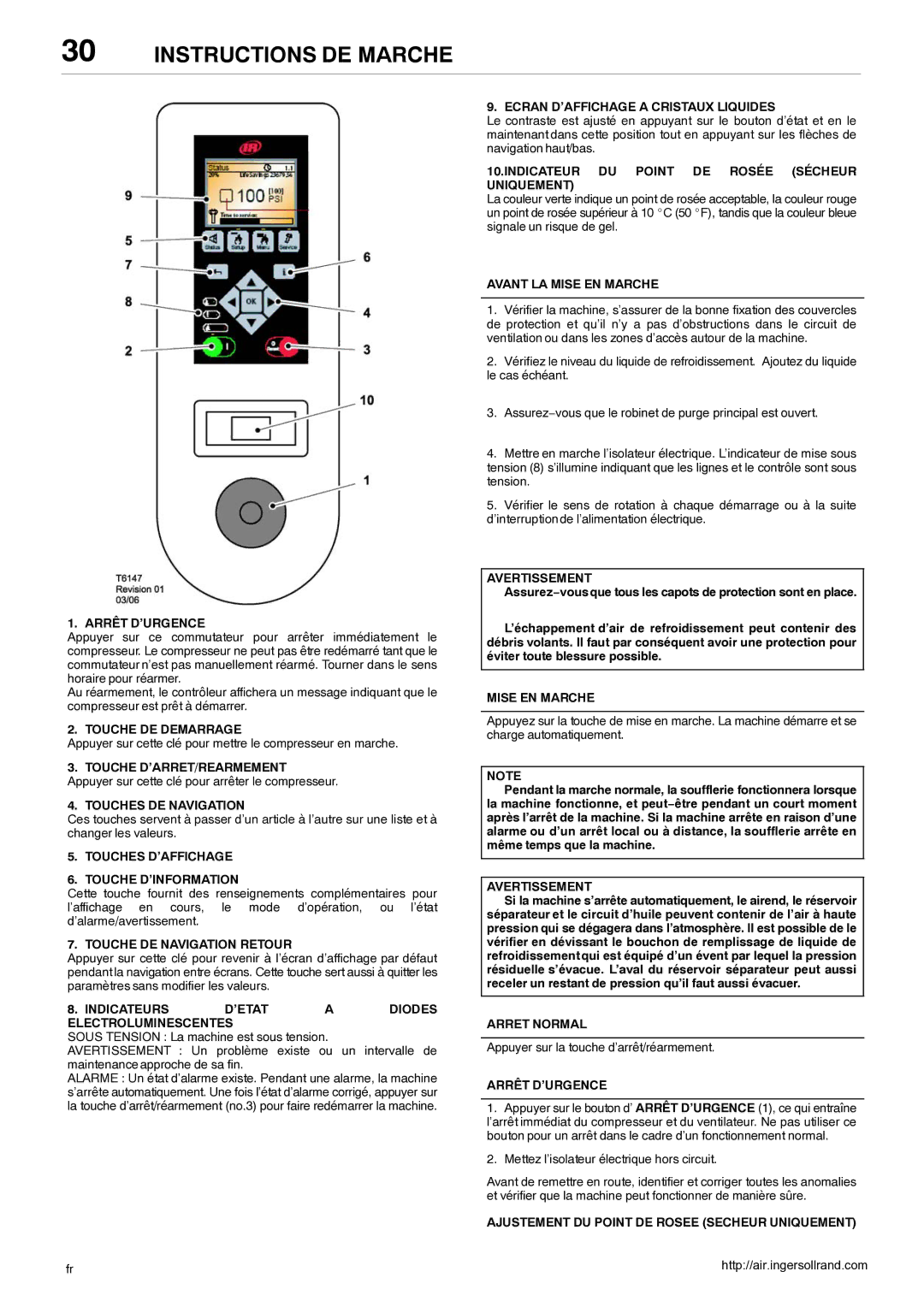 Ingersoll-Rand 80445364 manual Arrêt D’URGENCE, Touche DE Demarrage, Touches DE Navigation, Touche DE Navigation Retour 