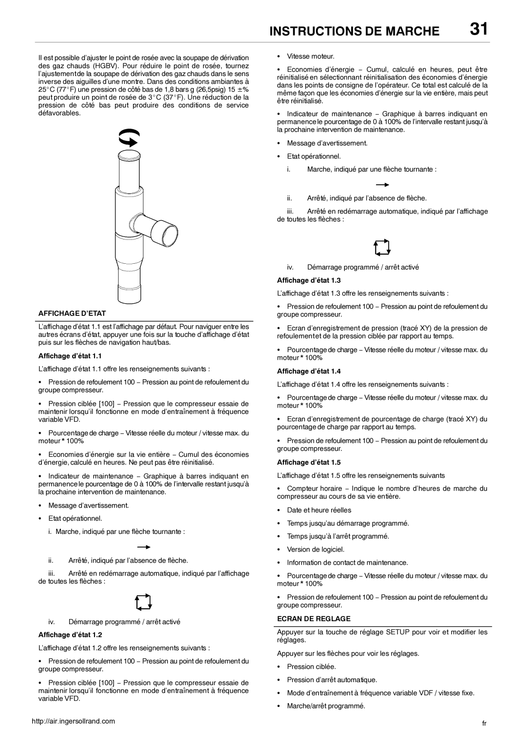 Ingersoll-Rand 80445364 manual Affichage D’ETAT, Affichage d’état, Ecran DE Reglage 
