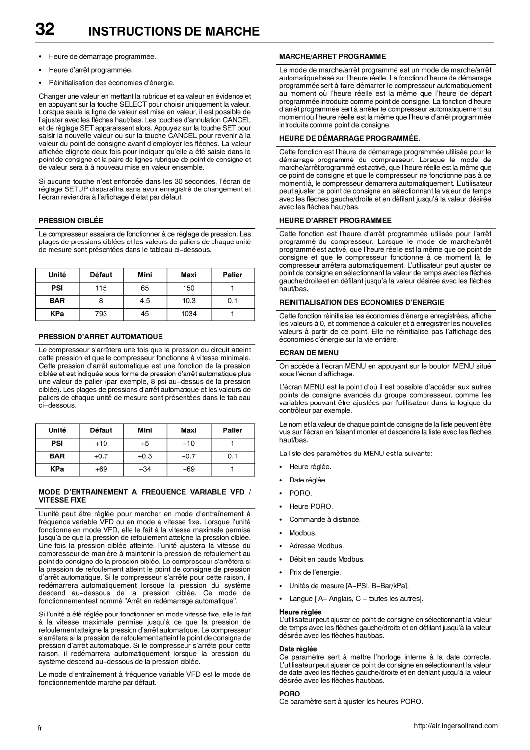 Ingersoll-Rand 80445364 Pression Ciblée, Pression D’ARRET Automatique, MARCHE/ARRET Programme, Heure D’ARRET Programmee 