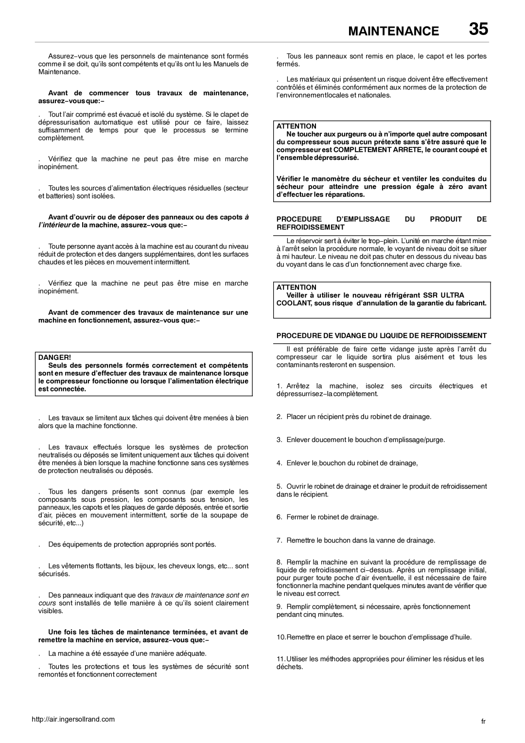 Ingersoll-Rand 80445364 manual Procedure D’EMPLISSAGE DU Produit DE Refroidissement 