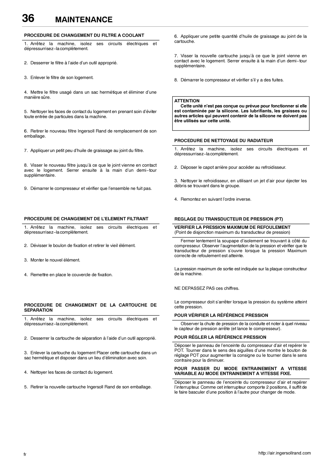 Ingersoll-Rand 80445364 manual Procedure DE Changement DU Filtre a Coolant, Procedure DE Changement DE L’ELEMENT Filtrant 