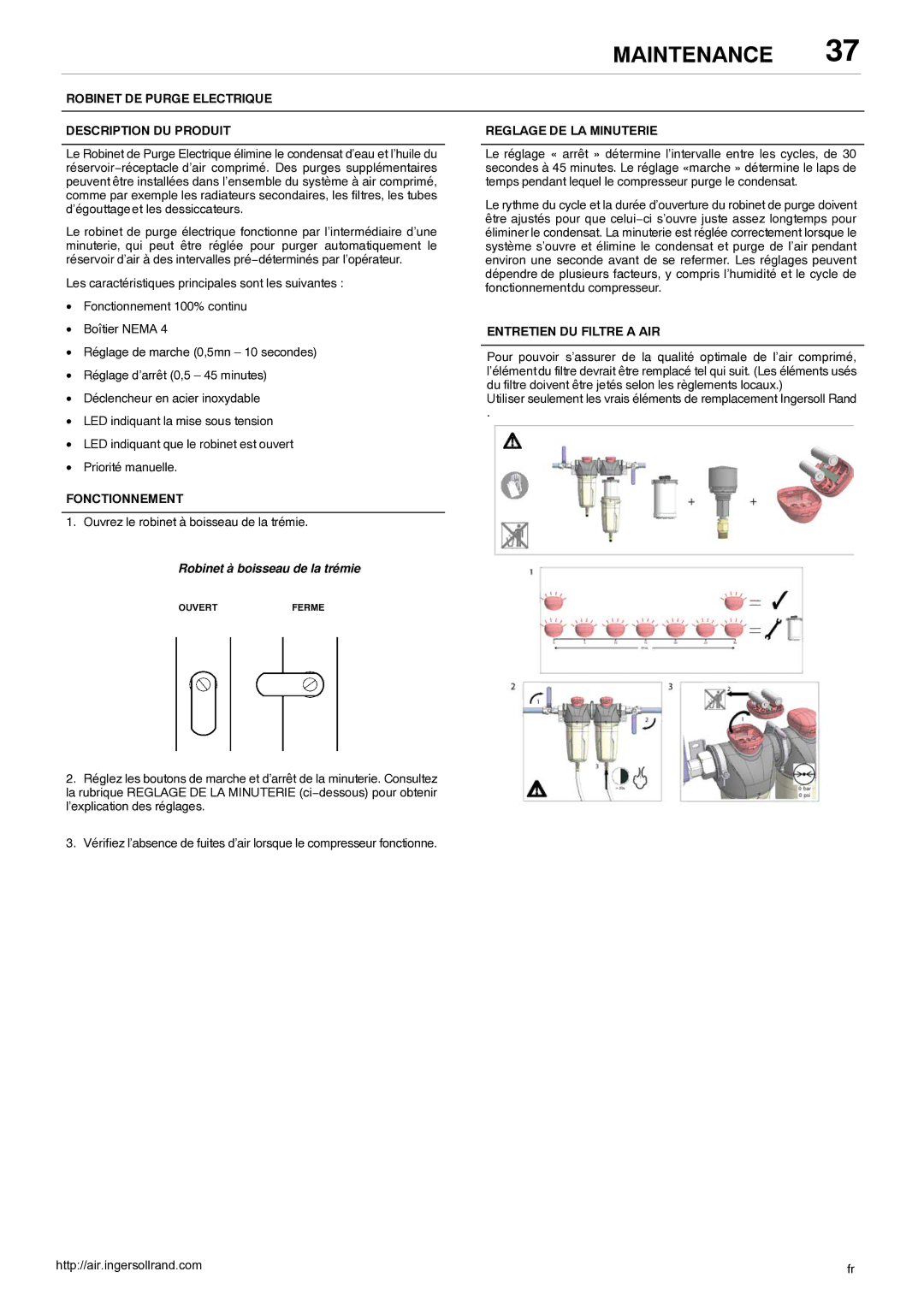 Ingersoll-Rand 80445364 manual Robinet DE Purge Electrique Description DU Produit, Reglage DE LA Minuterie, Fonctionnement 