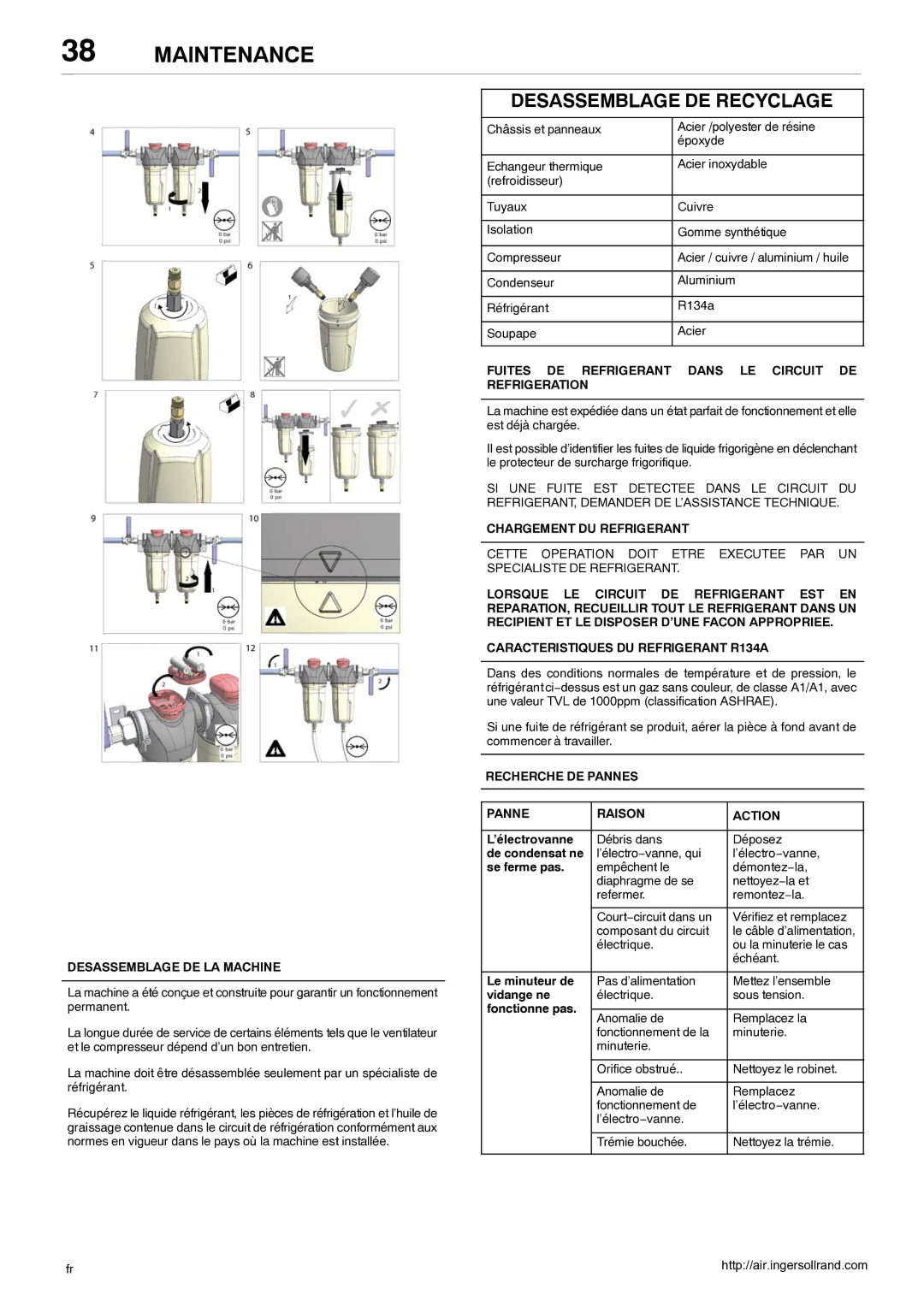 Ingersoll-Rand 80445364 manual Desassemblage DE LA Machine, Fuites DE Refrigerant Dans LE Circuit DE Refrigeration 