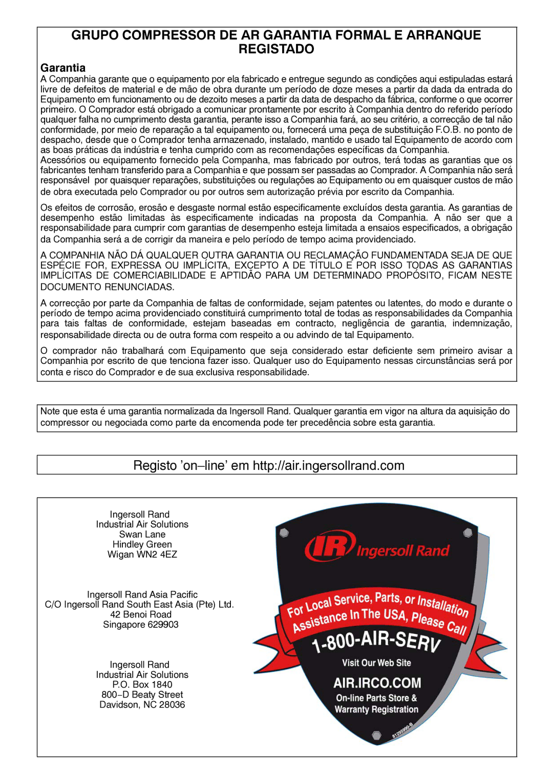 Ingersoll-Rand 80445364 manual Grupo Compressor DE AR Garantia Formal E Arranque Registado 