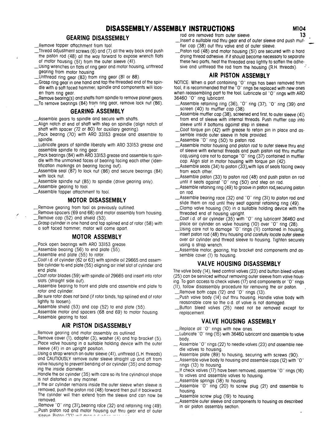 Ingersoll-Rand 8246-D Disassembly/Assemblyinstructions, Gearingdisassembly, AIR Pistonassembly, Valve Housingdisassembly 