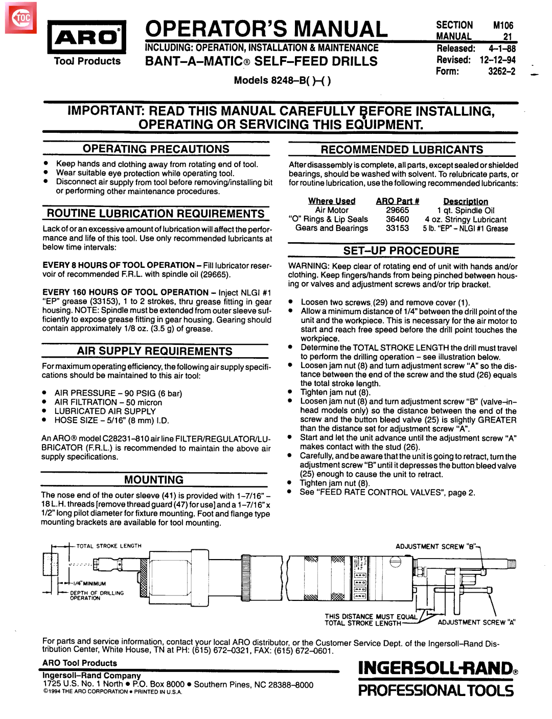 Ingersoll-Rand 8248-B( )-( ) specifications Operating Precautions, Routine Lubrication Requirements, SET-UP Procedure 