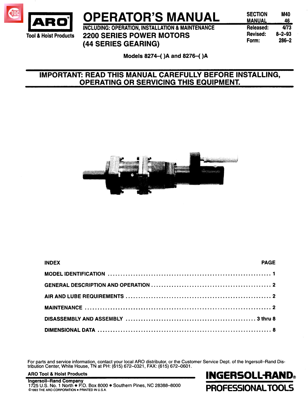 Ingersoll-Rand 8274-( )A 8276-( )A manual Series Gearing, Section, Manual INCLUDINGOPERATION,INSTALLATION Maintenance 