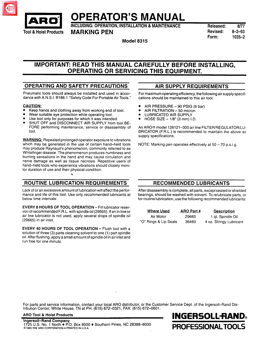 Ingersoll-Rand 8315 specifications Operating and Safety Precautions, AIR Supply Requirements, Recommended Lubricants 