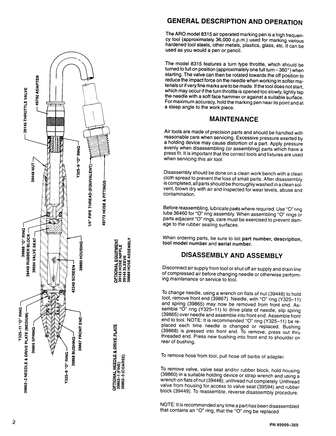 Ingersoll-Rand 8315 specifications General Description and Operation, Maintenance, Disassembly and Assembly 