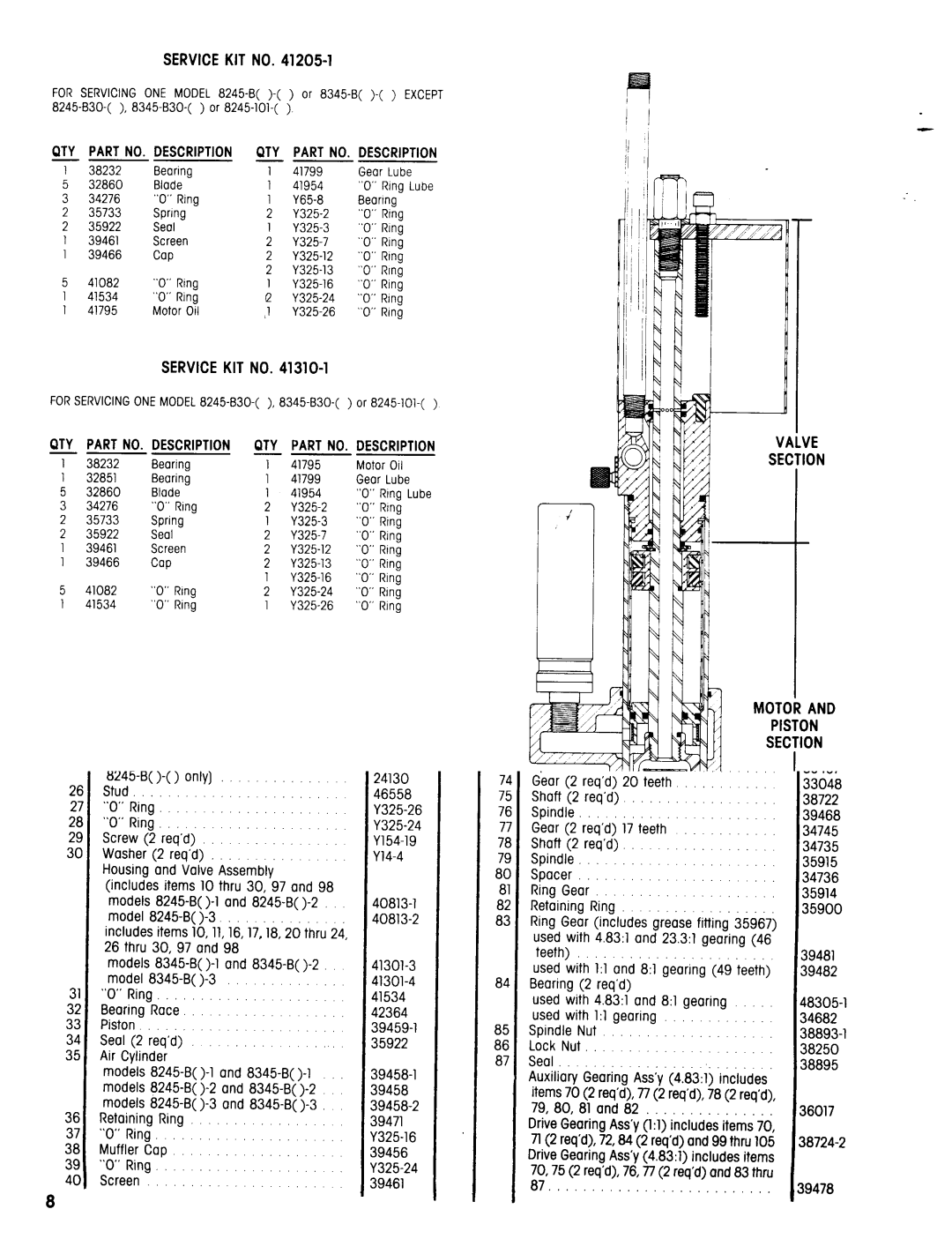 Ingersoll-Rand 8345-B, 8245-B Service KIT no -l, QTY PARTNO. Description QTY PARTNO. Description, Piston Section, Motor 