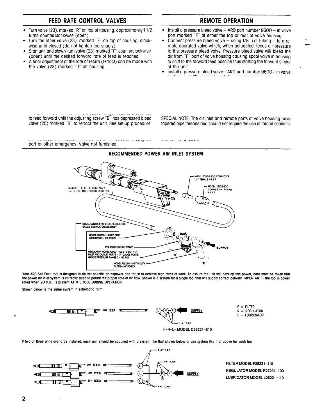 Ingersoll-Rand 8345-B, 8245-B Feedratecontrolvalves, Manualoperation, Remoteoperation, Recommendedpower AIR Inlet System 