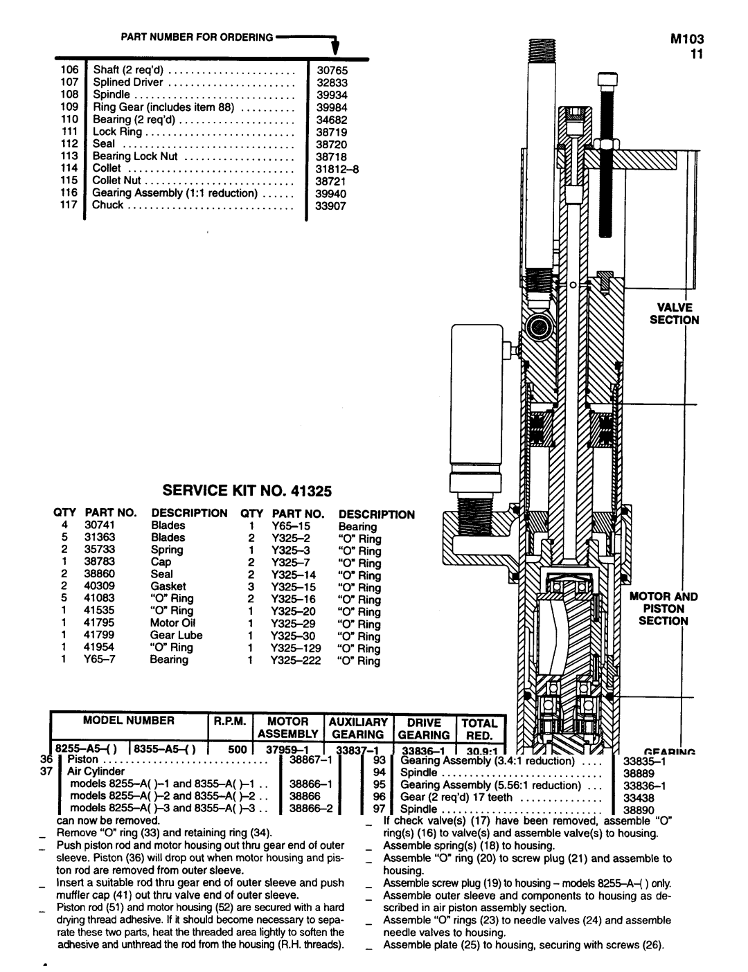 Ingersoll-Rand 8255-A, 8355A Service, Partnumberfor Ordering, QTY Part NO. Description QTY Part NO. Description 