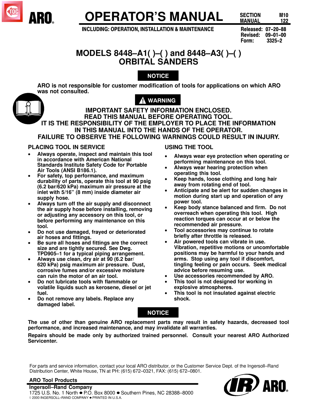 Ingersoll-Rand 8448A3, 8448A1 manual OPERATOR’S Manual 