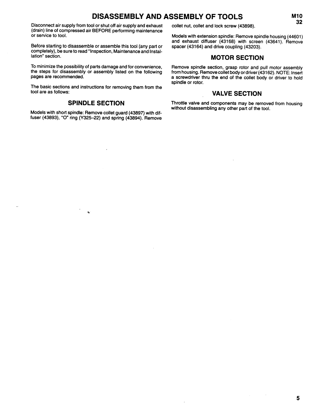 Ingersoll-Rand 8477-A1, 8478-A1, 8476-A Disassembly and Assembly of Tools, Spindle Section, Motor Section, Valve Section 