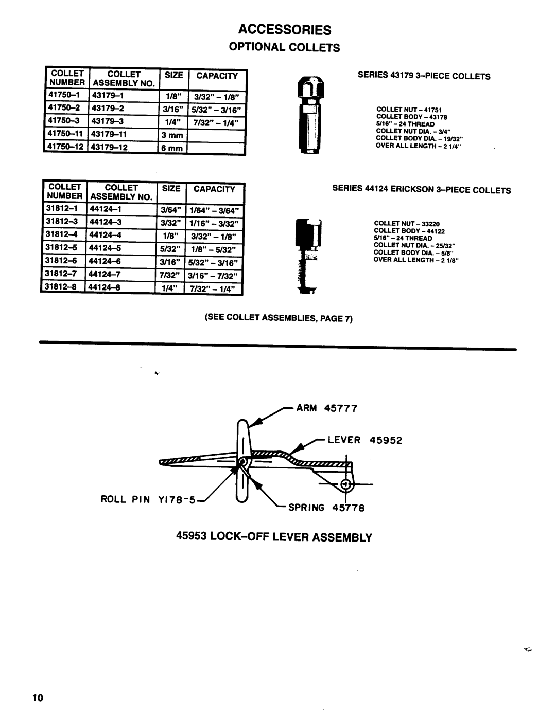 Ingersoll-Rand 8478-A1, 8475-A-( ), 8476-A1 manual Accessories, Optional Collets, Lock-Off Lever Assembly, ROLL PIN Yl78-5 